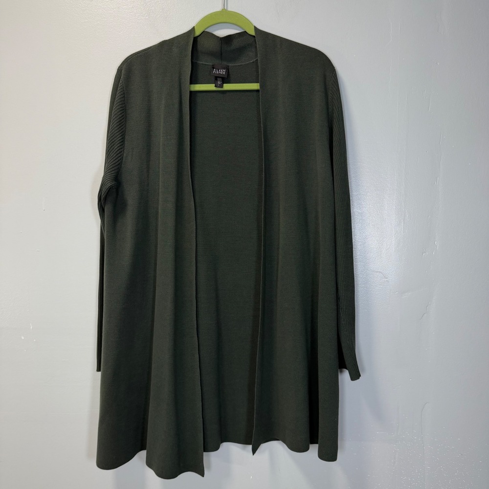 Eileen Fisher Silk Cotton Open Front Cardigan Sweater Olive Green Large F7QC-3